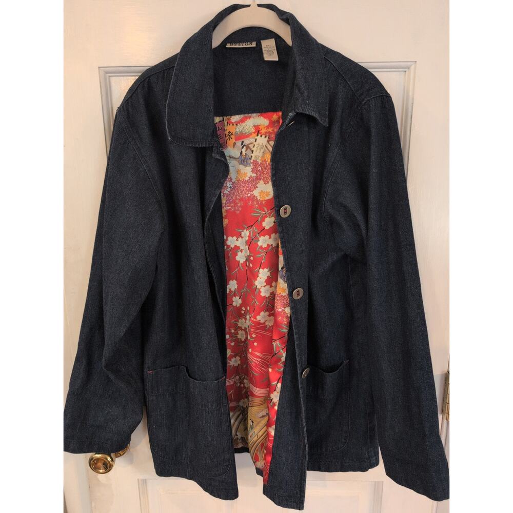 Chico’s Design Cotton Denim Blue Jacket Size 1 Printed Lining